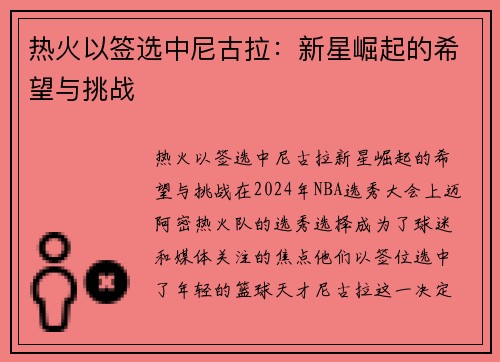 热火以签选中尼古拉：新星崛起的希望与挑战