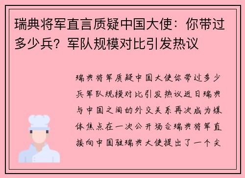 瑞典将军直言质疑中国大使：你带过多少兵？军队规模对比引发热议