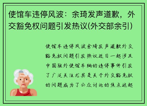 使馆车违停风波：余琦发声道歉，外交豁免权问题引发热议(外交部余引)
