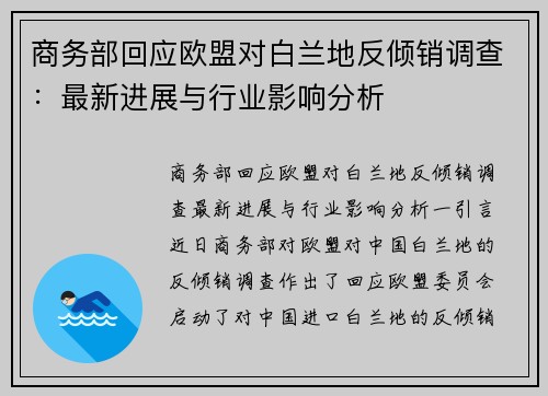 商务部回应欧盟对白兰地反倾销调查：最新进展与行业影响分析